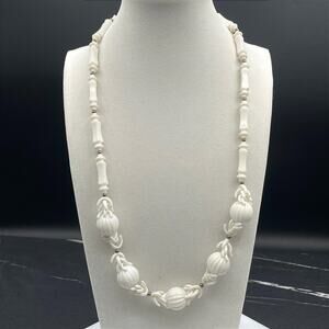 Vintage White Plastic Carved Bead Necklace Barrel Link Ribbed Melon Long 24"